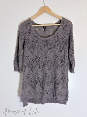 Taupe open knit sweater top with chevron pattern, lightweight short sleeve boho